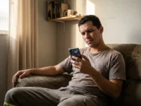 Homem jovem sentado no sofá da sala olhando o celular com expressão de desconfiança