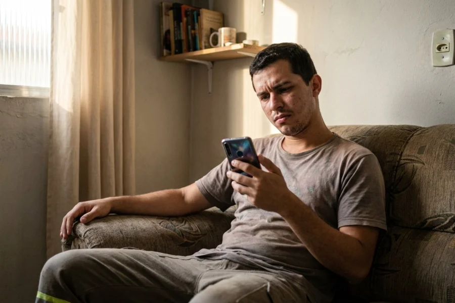 Homem jovem sentado no sofá da sala olhando o celular com expressão de desconfiança