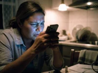 Mulher sentada à mesa da cozinha à noite olhando o celular com expressão de desconfiança, louça acumulada na pia ao fundo.