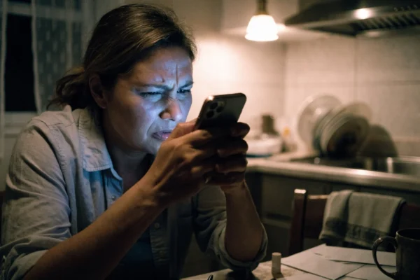 Mulher sentada à mesa da cozinha à noite olhando o celular com expressão de desconfiança, louça acumulada na pia ao fundo.