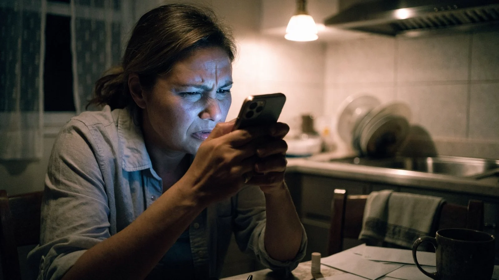 Mulher sentada à mesa da cozinha à noite olhando o celular com expressão de desconfiança, louça acumulada na pia ao fundo.