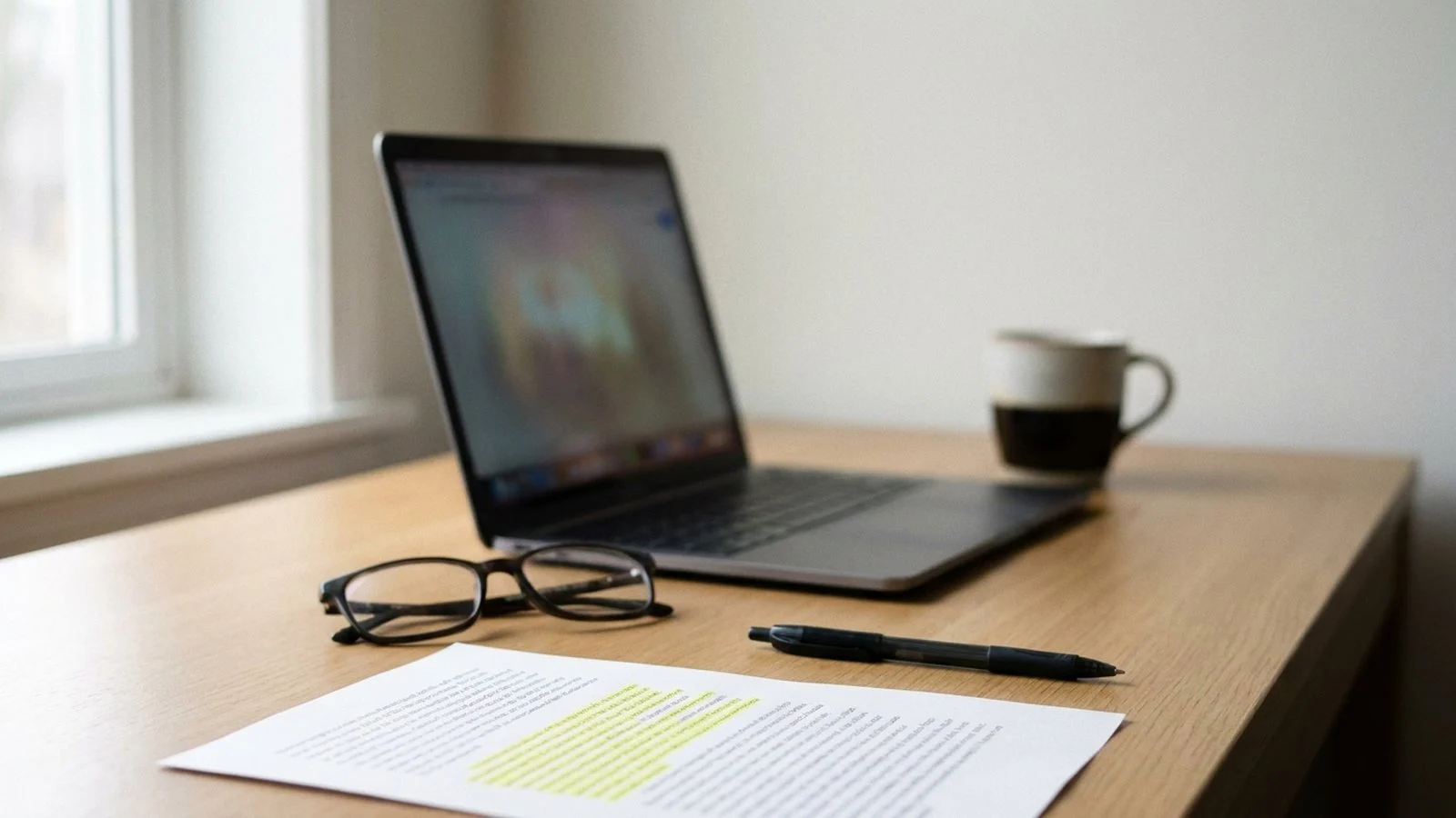 Mesa de trabalho com notebook aberto, óculos, caneta e um documento impresso com um parágrafo marcado de amarelo