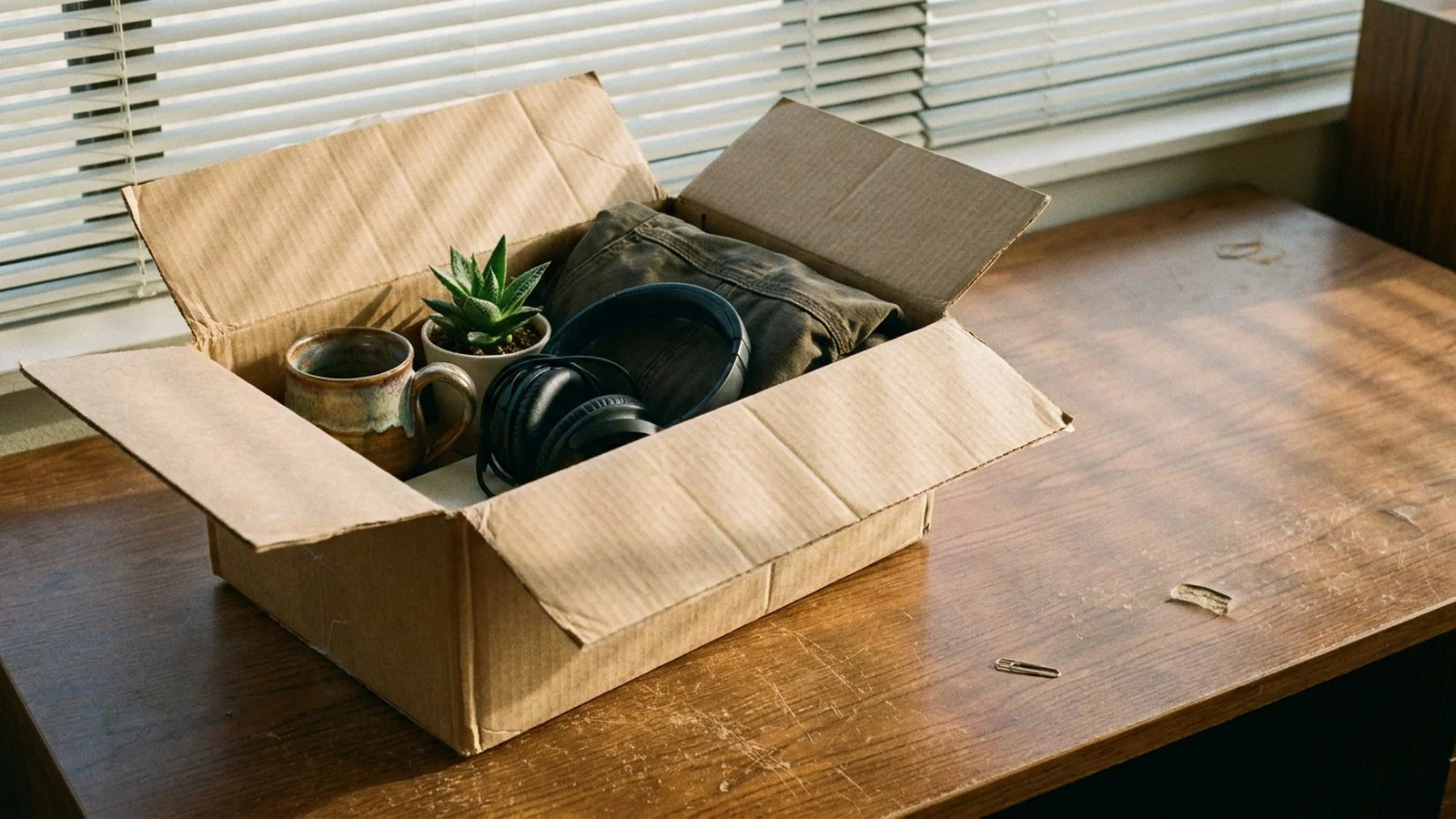 Calculadora de rescisão: quanto você recebe em cada tipo de saída e os 2 pontos que quase todo site ainda erra 2 Caixa de papelao com caneca, planta e fones sobre mesa de escritorio esvaziada, com luz de persiana
