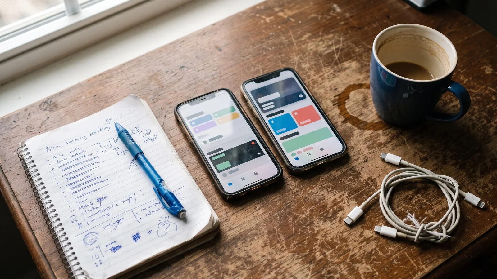 Dois celulares lado a lado sobre uma mesa de madeira, ao lado de um caderno com lista manuscrita, uma caneta e uma xícara de café.