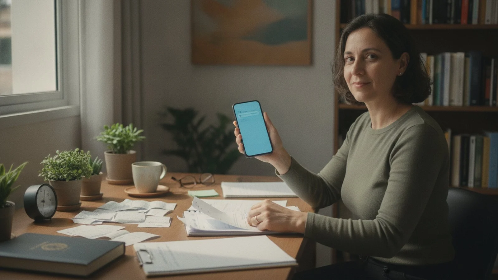 Pessoa organizando comprovantes enquanto acompanha atendimento bancário oficial pelo celular